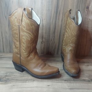 Old West Brown Leather Scallop Shaft Snip Toe Cowboy Boots Size 3.5